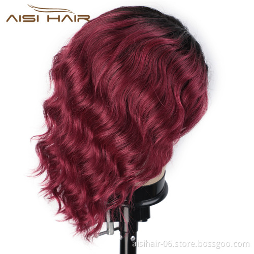 Aisi Hair Human Hair Ombre Red Short Bob Swiss Lace Wigs Body Wave 100% Brazilian Human Hair Lace Front Wigs For Black Women